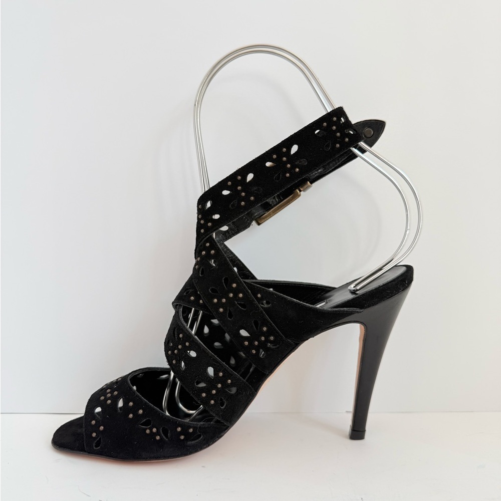 Manolo Blahnik Vintage Black Suede Laser Cut Studded Strappy Heels Sandals 37.5 - Picture 3 of 10